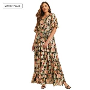 June + Vie Metallic Black Textured Wallflower Maxi Dress Elegant Plus Formal 1X